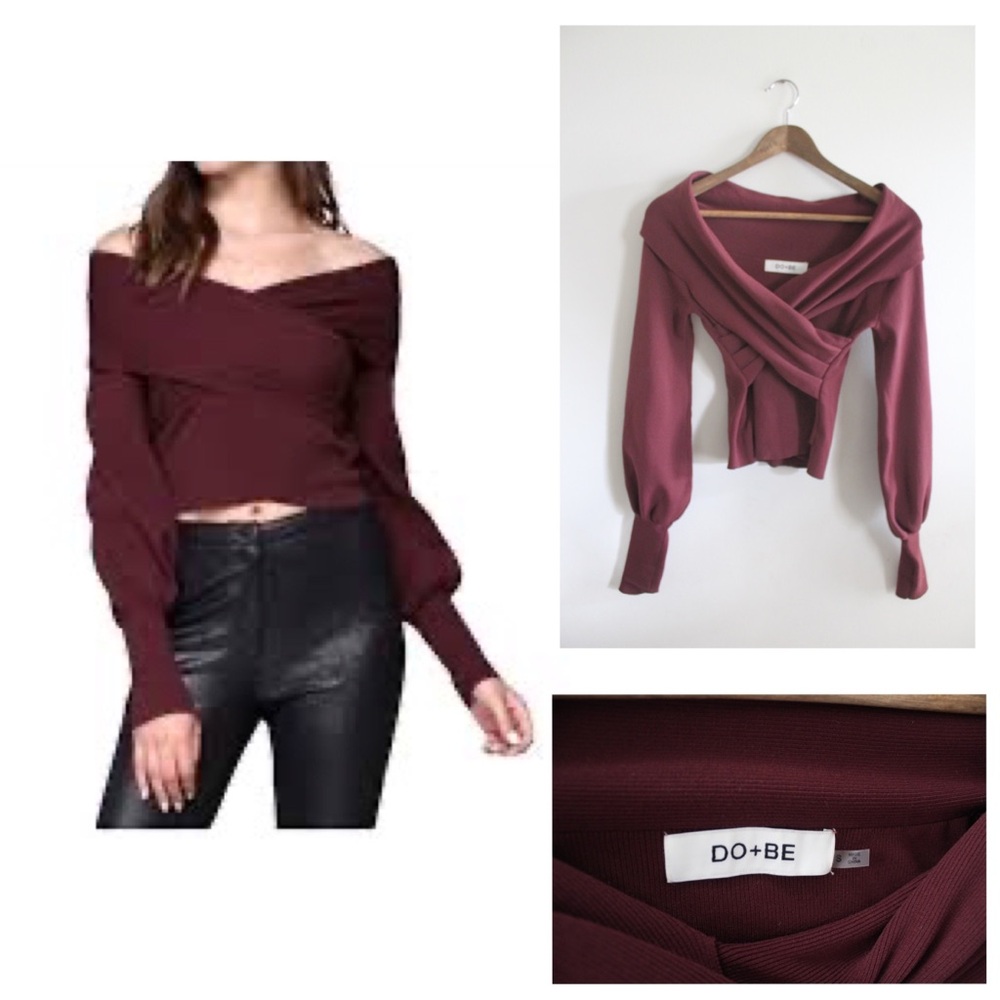 Do + Be Burgundy Red Balloon Sleeve Cross Front Top Small Preowned